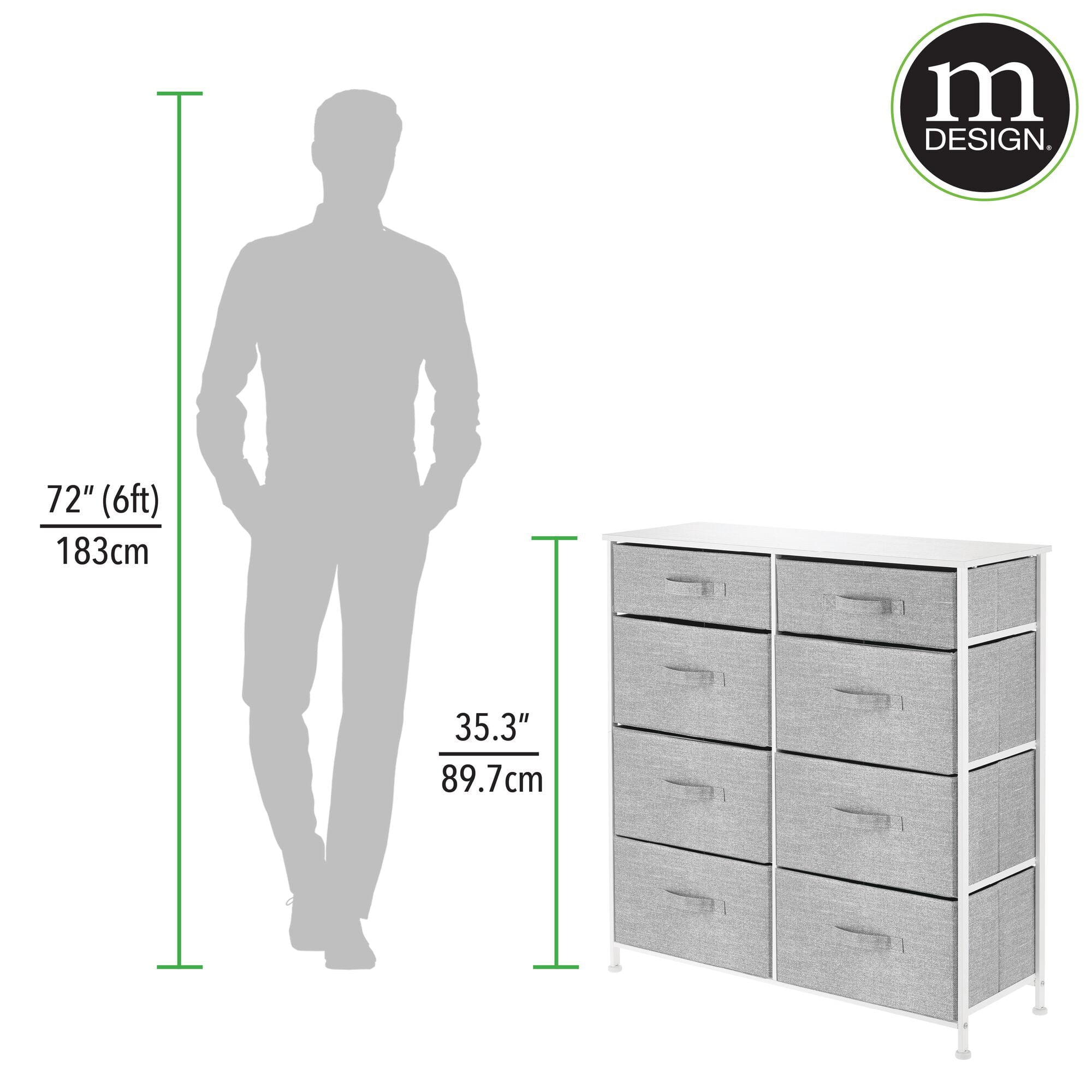 mDesign Tall Steel Frame/Wood Top Storage Dresser Furniture Unit with 8 Slim Removable Fabric Drawers, Large Bureau Organizer for Bedroom, Living Room, Closet - Lido Collection, Gray