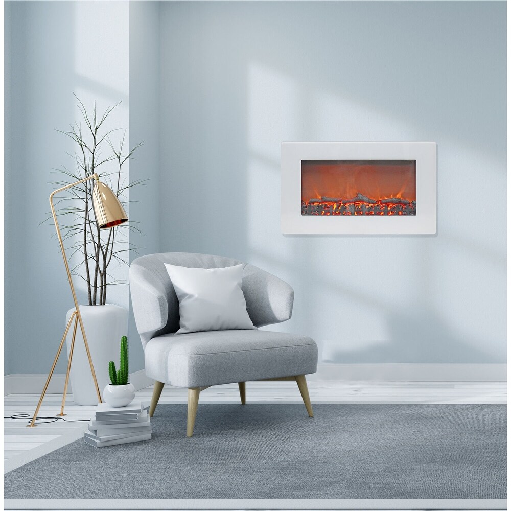 Cambridge CAM30WMEF 2WHT Callisto 30 In. Wall Mount Electric Fireplace with White Flat Panel and Realistic Log Display