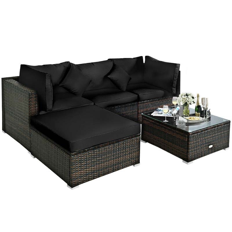 5 Pcs Outdoor Patio Rattan Furniture Sectional Sofa Set Wicker Conversation Set with Cushions