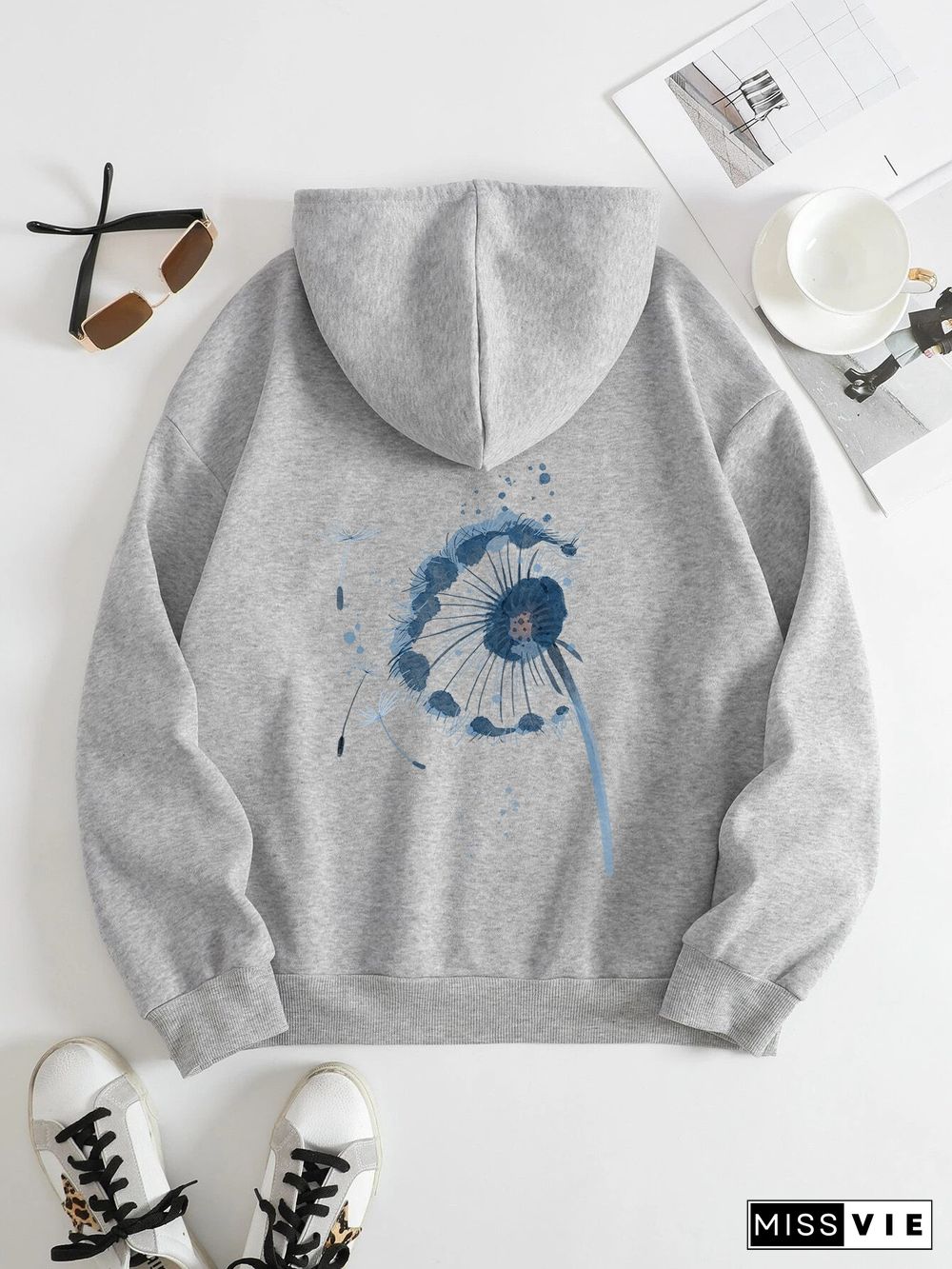 Printed on the Back Kangaroo Pocket Hoodie Long Sleeve for Women Pattern Dandelion