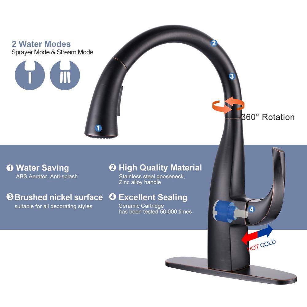 WOWOW Single Handle Gooseneck Pull Down Sprayer Kitchen Faucet with Deck Mount in Oil Rubbed Bronze 2311701RB