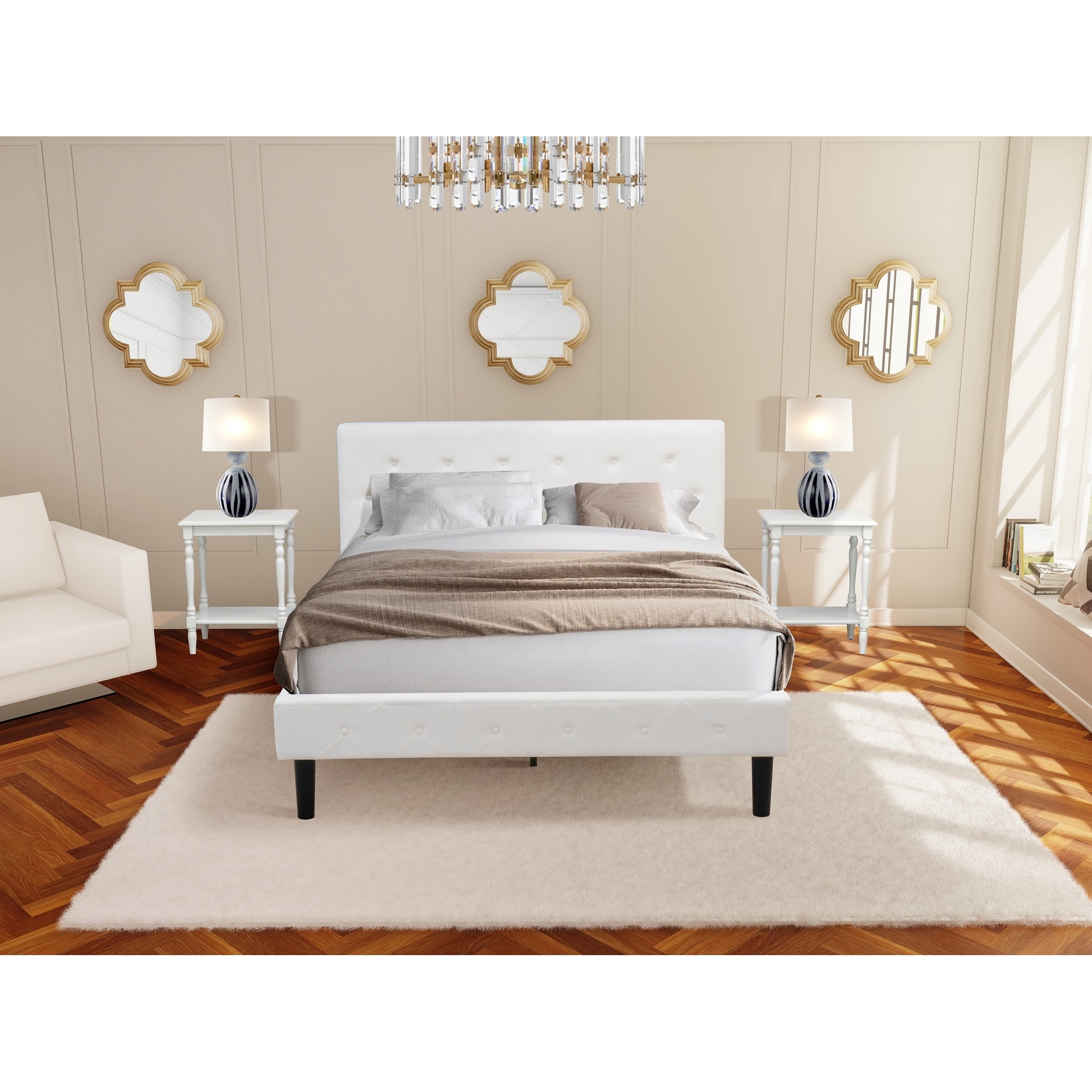 3 Piece Bedroom Set - 1 Queen Bed Upholstered White Velvet Fabric and 2 Night Stands - Urban Gray Finish Nightstand - - 34702920