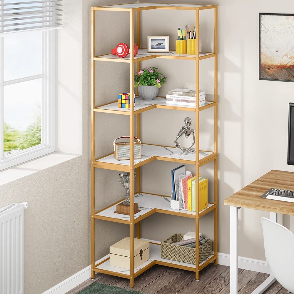 6 Shelf Corner Bookshelf  70.9 Inch L Shaped Bookcase for Small Space