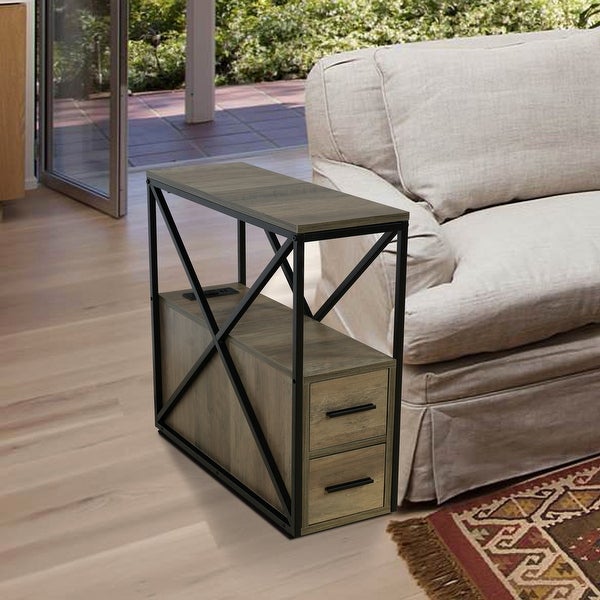 Industrial Brown End Table with 2 Drawers