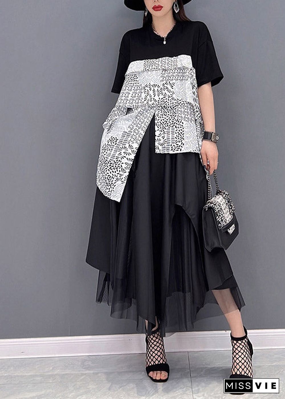 Fashion Black Asymmetrical Design Patchwork Tulle vacation Dress Short Sleeve