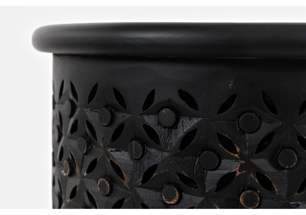 Mango Wood Handcrafted Solid Hardwood Drum Table  Antique Black Finish Set of 2   Mediterranean   Side Tables And End Tables   by VirVentures  Houzz