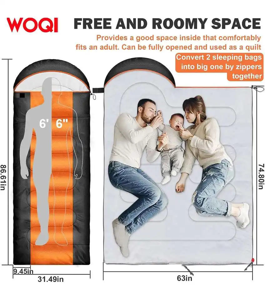 WOQI Camping Sleeping Bag Adult and Children's Ultra Light Four Seasons Waterproof Compact Cotton Sleeping Bag