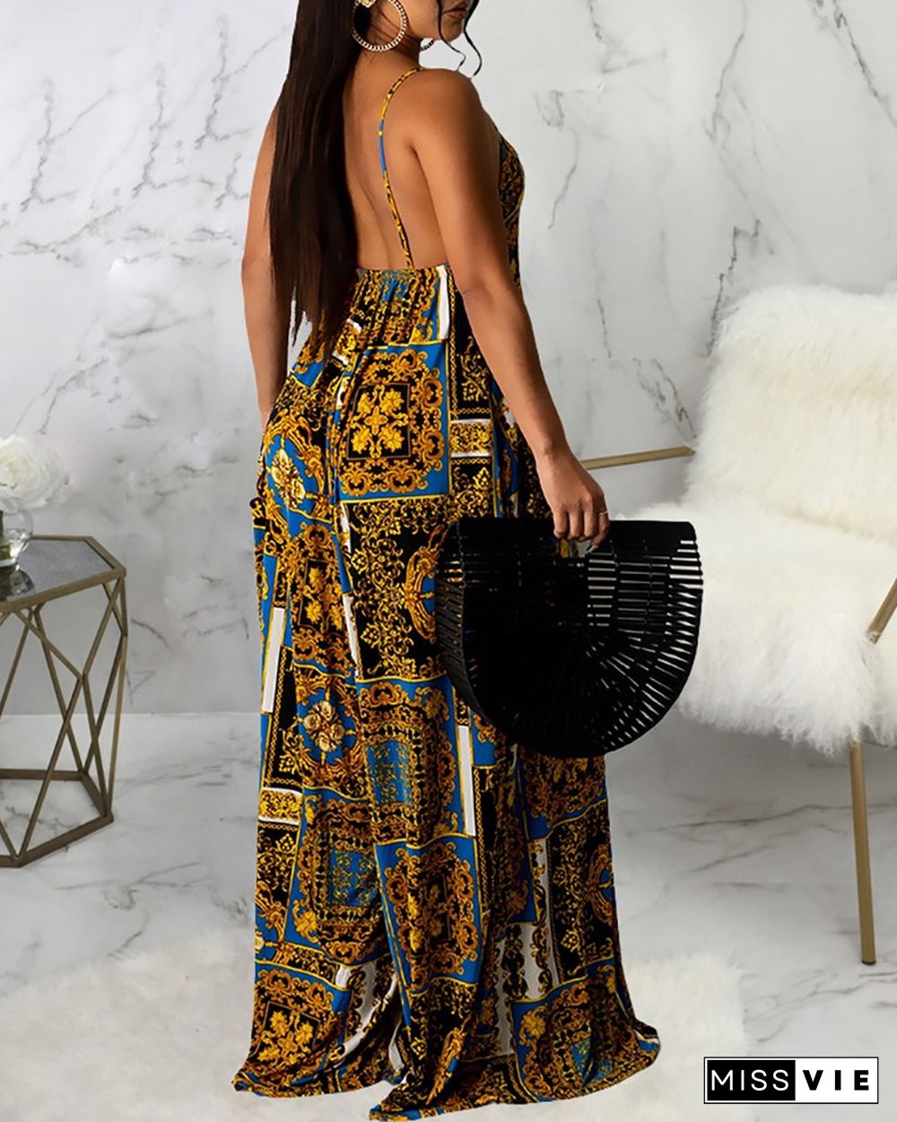 Scarf Print Ruched Sleeveless Maxi Dress