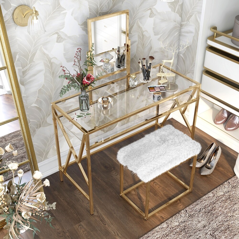 DH LUX Glam Glass Vanity Table and Stool Set by Denhour