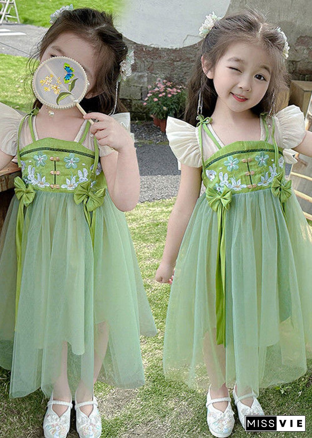 Elegant Green Embroideried Patchwork Bow Tulle Kids Long Dress Short Sleeve