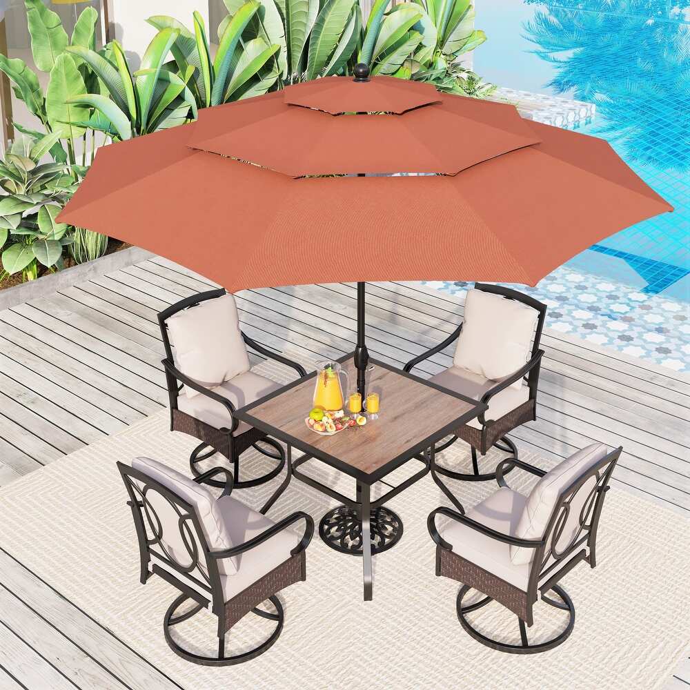 5 Piece Patio Dining Set of 4 Swivel Rattan Chairs with Deep seating and Back Cushions and 1 Wood like Table Top   N/A