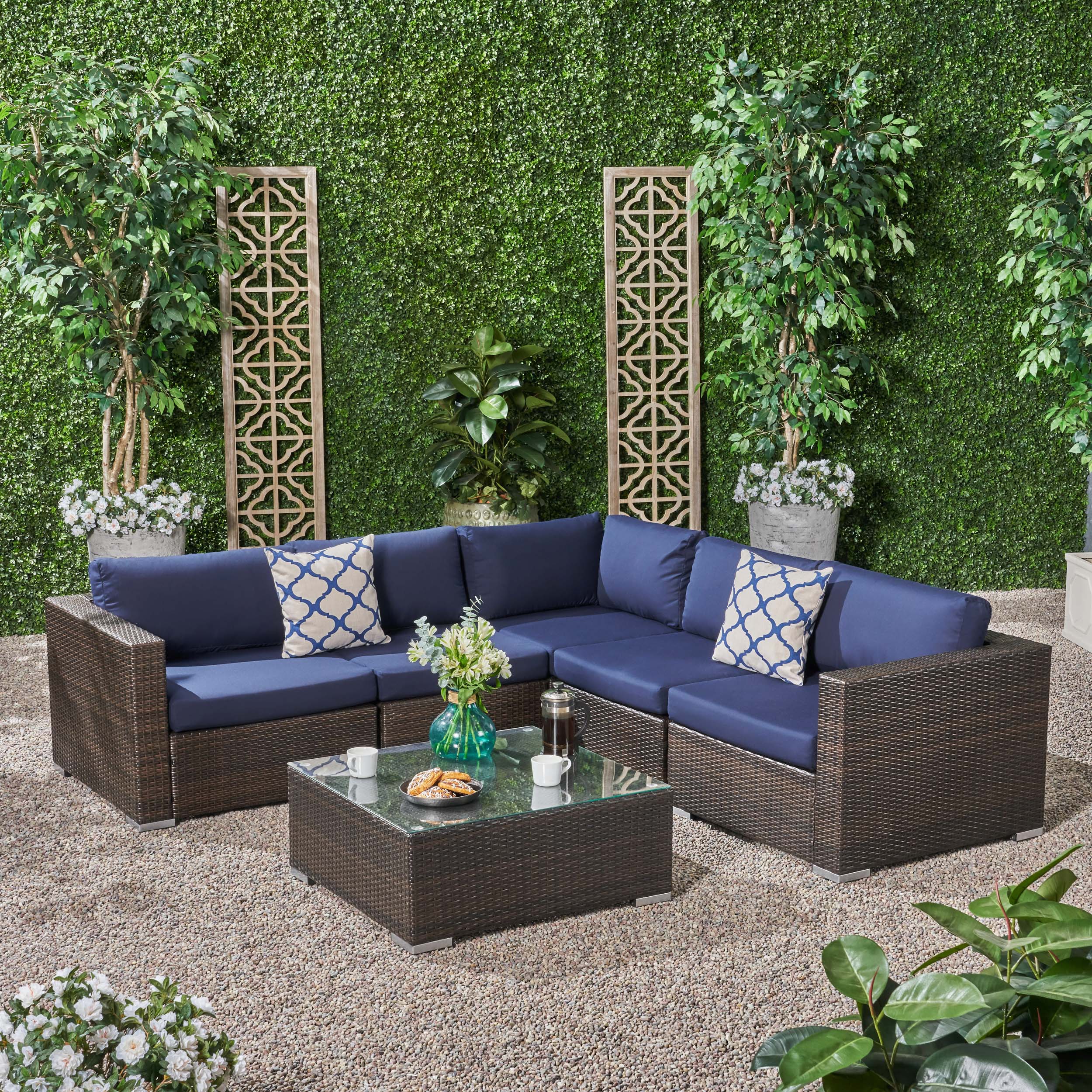 Kyra Outdoor 5 Seater Wicker Sectional Sofa Set with Sunbrella Cushions