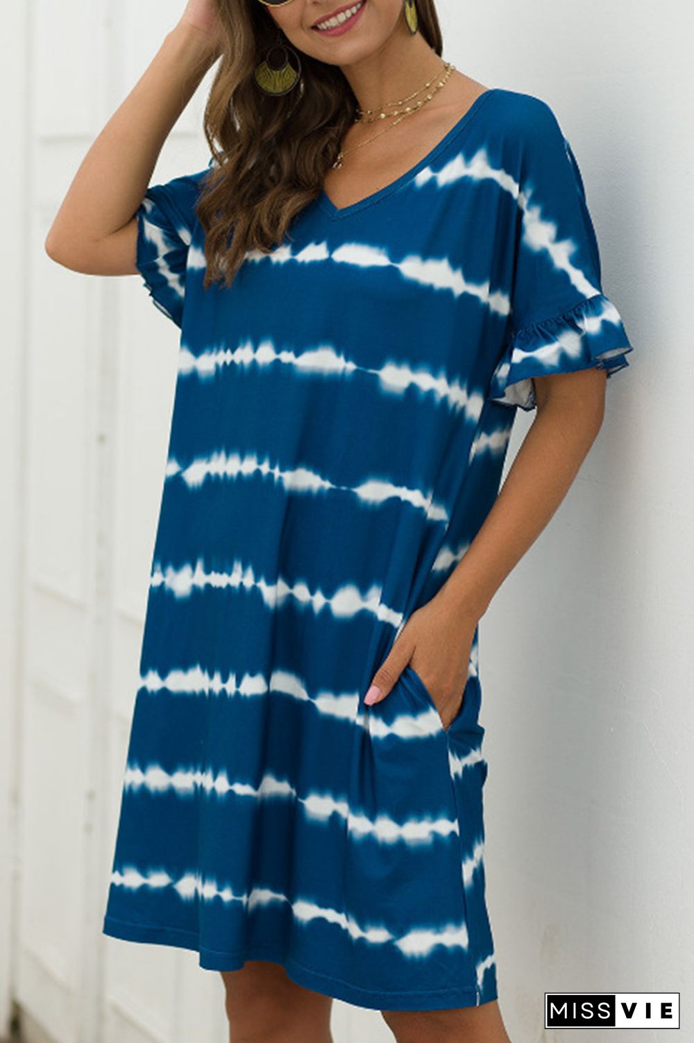 Casual Print Pocket V Neck A Line Dresses