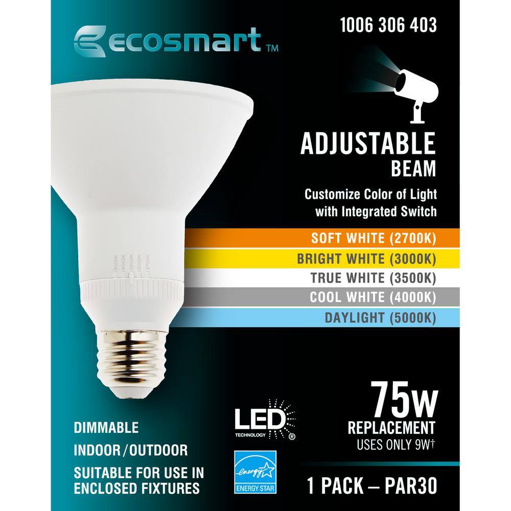 EcoSmart 75-Watt Equivalent PAR30 Dimmable CEC Adjustable Beam Flood LED Light Bulb with Selectable Color Temperature (1-Pack) G19P30AD5DUO