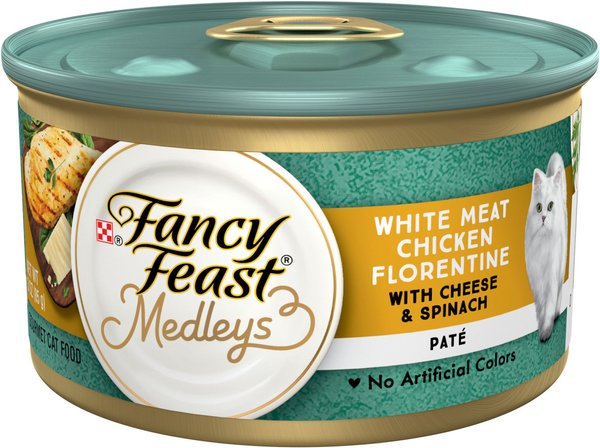 Fancy Feast Medleys White Meat Chicken Florentine with Cheese and Spinach Pate Canned Cat Food， 3-oz， case of 24