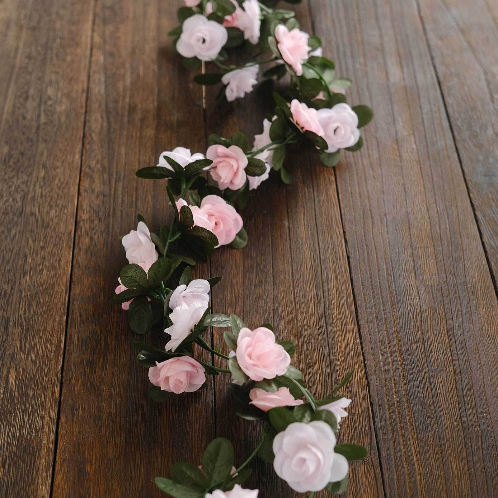 2 Pack Blush Dusty Mini Rose Artificial Silk Rose Vines Hanging Flower Garland with 45 Flower Heads - 8ft