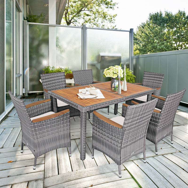 7 Pcs Rattan Wicker Outdoor Patio Dining Furniture Set with Acacia Wood Table & 6 Cushioned Armchairs