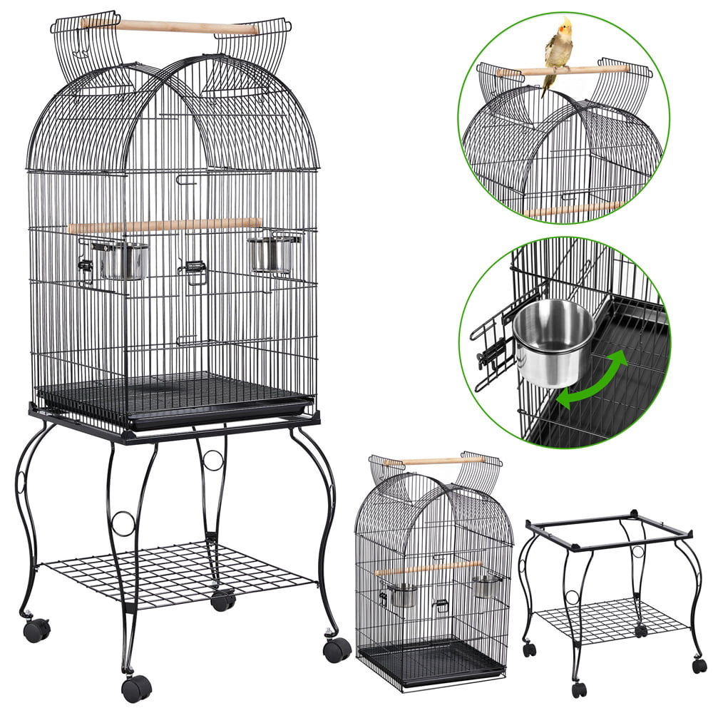 Easyfashion Rolling Metal Parrot Cage with Open Top For Small Birds， Black， 59