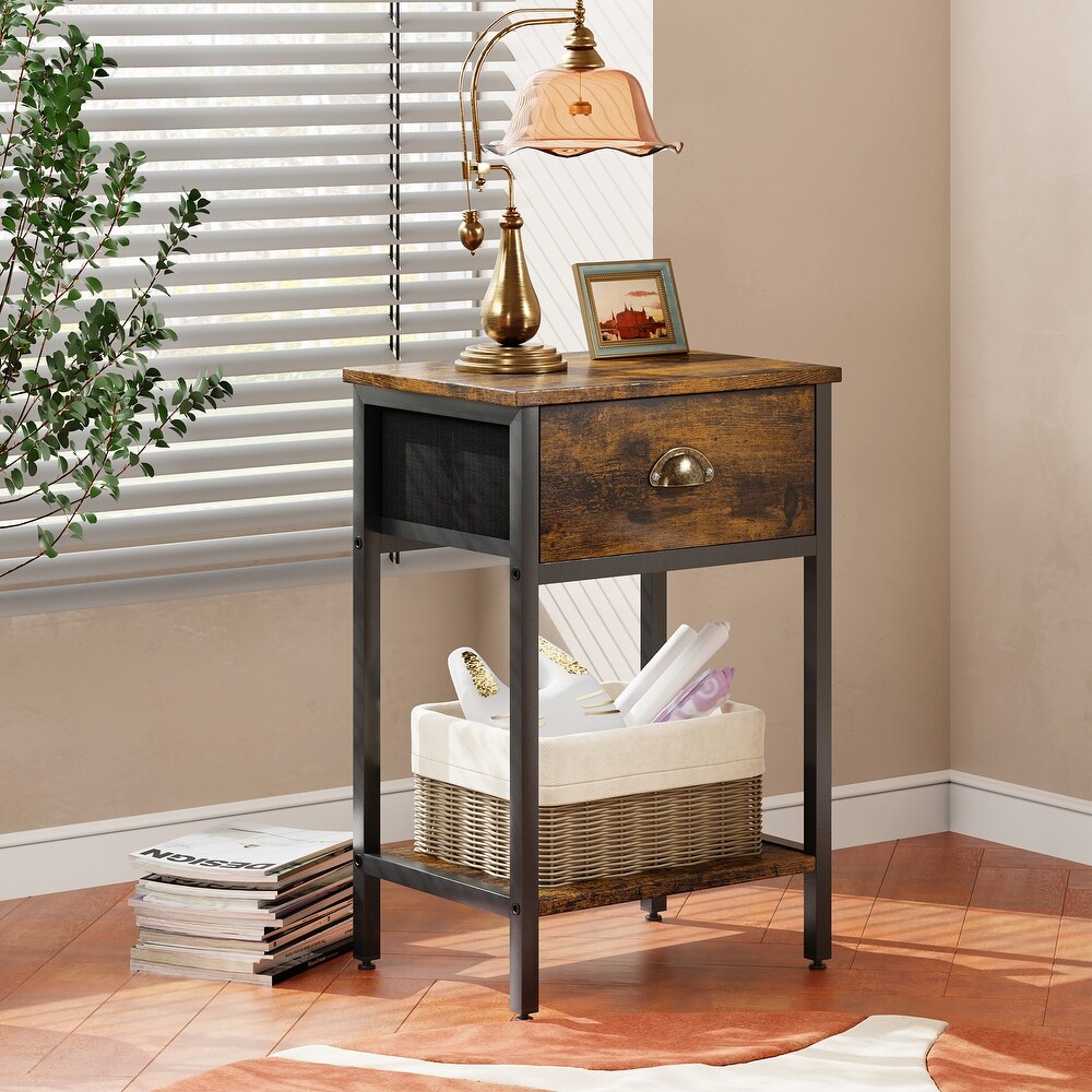 Futzca Nightstand with Wooden Drawer and Storage Shelf for Small Spaces  Rustic Brown