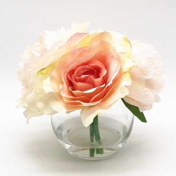 Enova Home Artificial Mixed Fake Silk Open Rose and Peony Flowers Arrangement in Clear Glass Vase with Faux Water