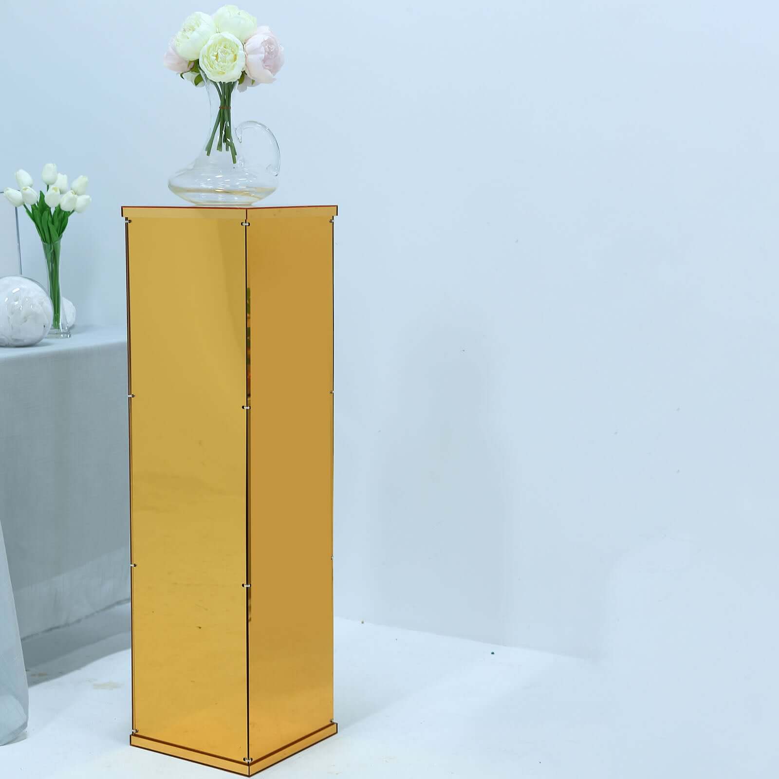 Floor Standing Gold Mirror Finish Acrylic Pedestal Riser, Display Box with Interchangeable Lid and Base 40