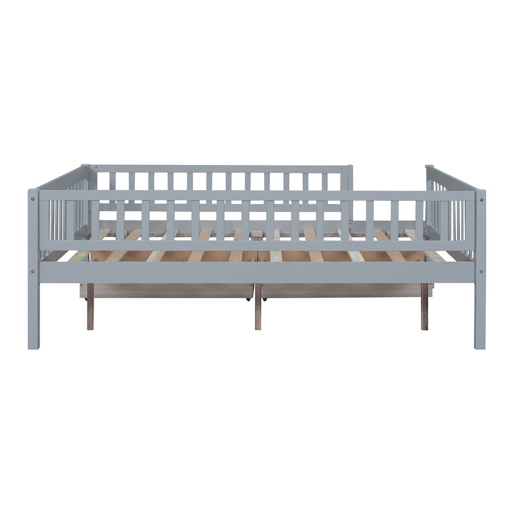 Full Size Daybed Platform Bed Wood Sofa Bed with 2 Storage Drawers and Safey Rail for Kids Bedroom