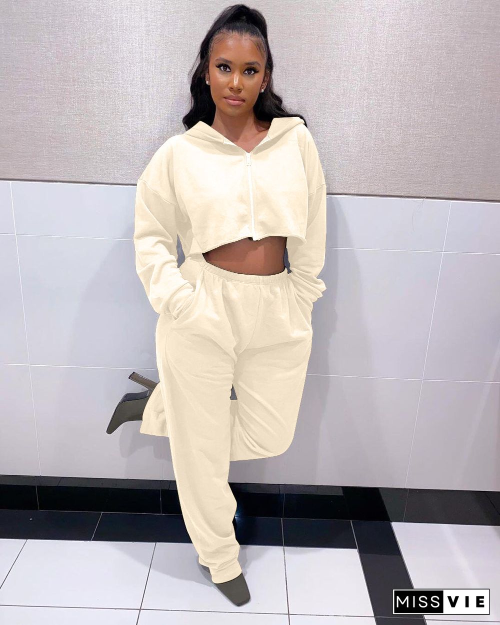 Thicken Zip Hooded Crop Top Wide Leg Pants Set