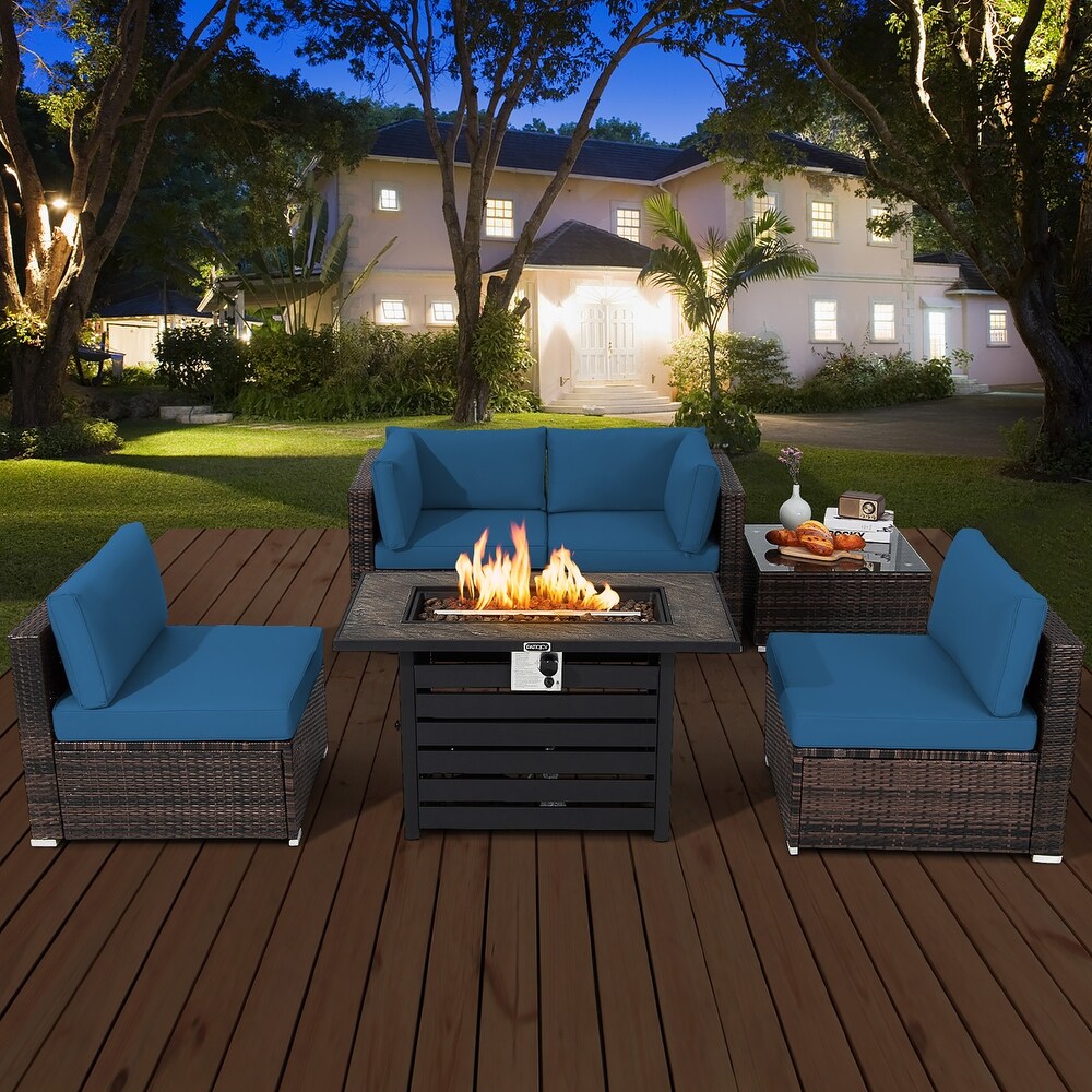 Costway 6PCS Patio Rattan Furniture Set 42'' Fire Pit Table Cover Sofa   See Details