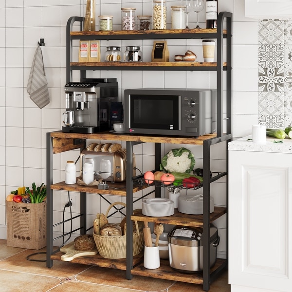 Bakers Rack with Power Outlet， Microwave Stand， Coffee Bar Table Station with Metal Wire Panel