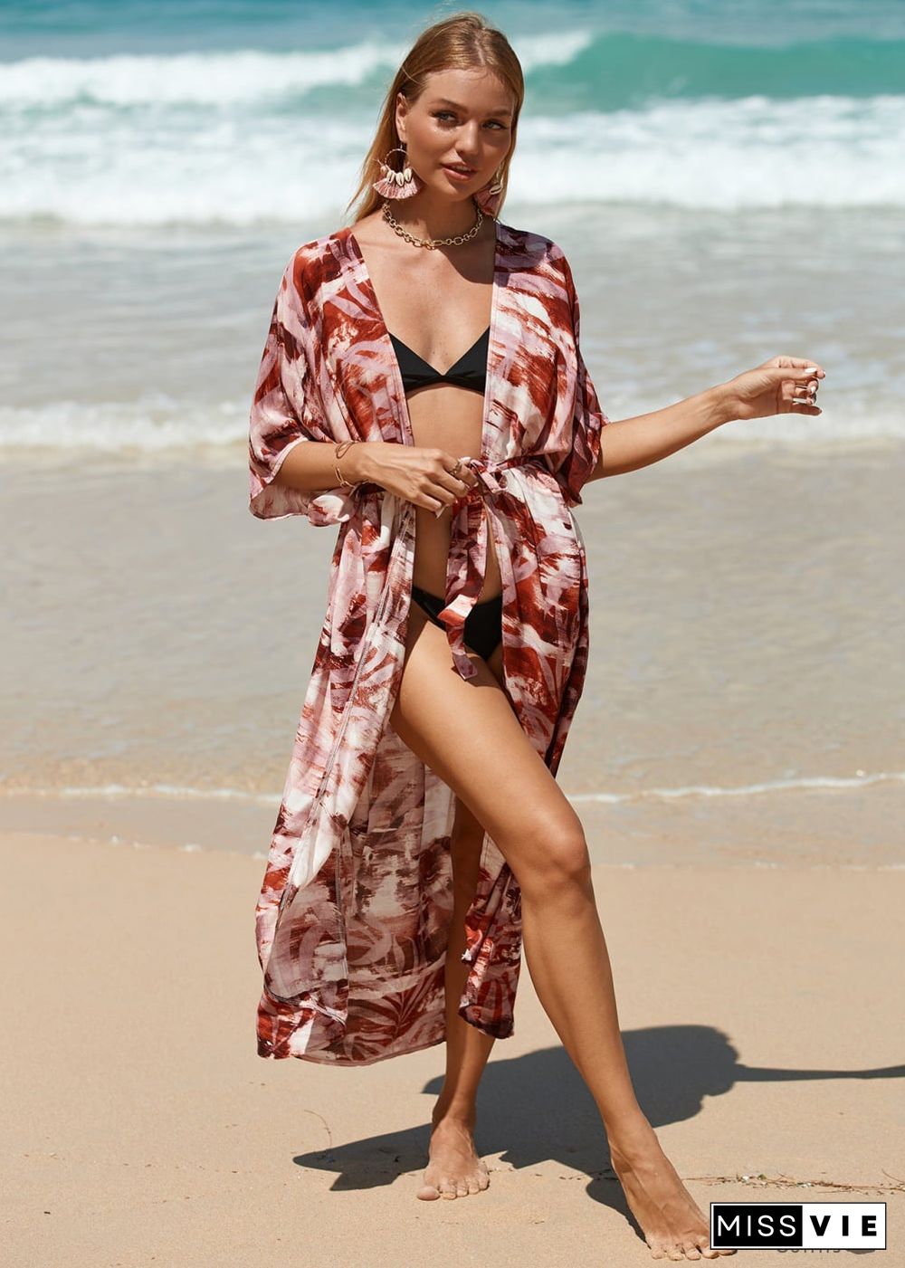 Boho Leaf Printed Beach Cardigan Loose Dress Amelia