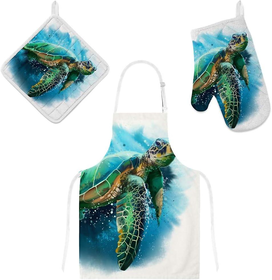 Insulation Kitchen Oven Mitts Potholder Apron 3pcs Set Big Sea Turtle Watercolor Non Slip Heat Resistant Gloves For Baking Cooking Bbq