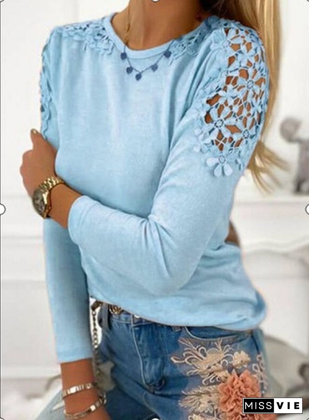 Women's T-shirt New Fashion Women's Lace Sleeve Round Neck XS-5XL Plus Size Casual T-shirt Loose Soft Solid Color Top