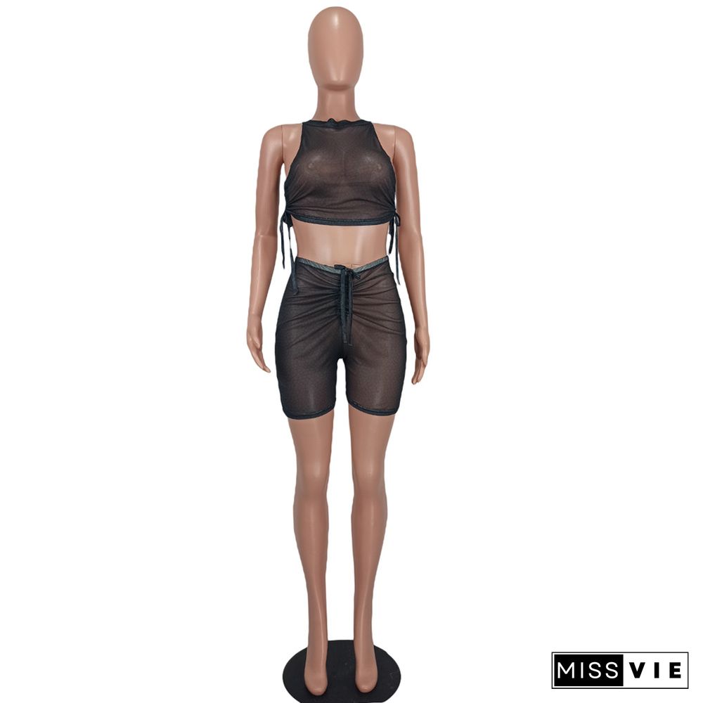 Sheer Mesh Drawstring Crop Top Bodycon Shorts Set