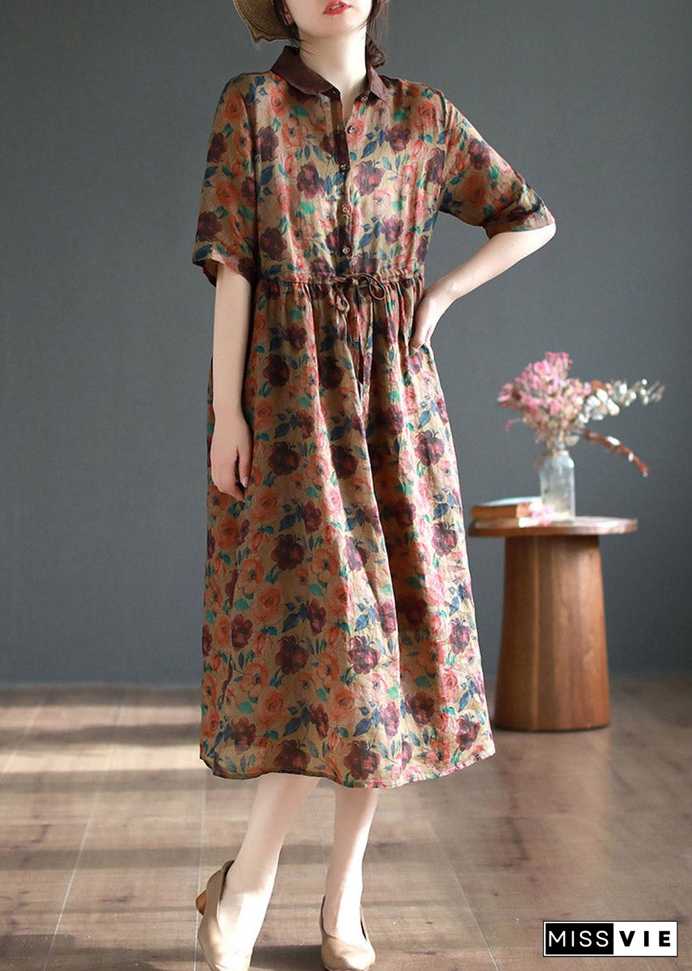 Coffee Patchwork Tie Waist Vacation Maxi Dresses Summer