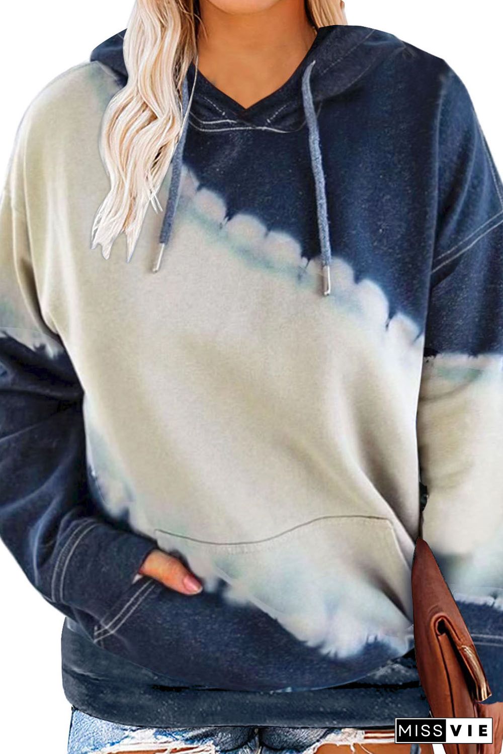 Blue Tie Dyed Color Block Plus Size Hoodie