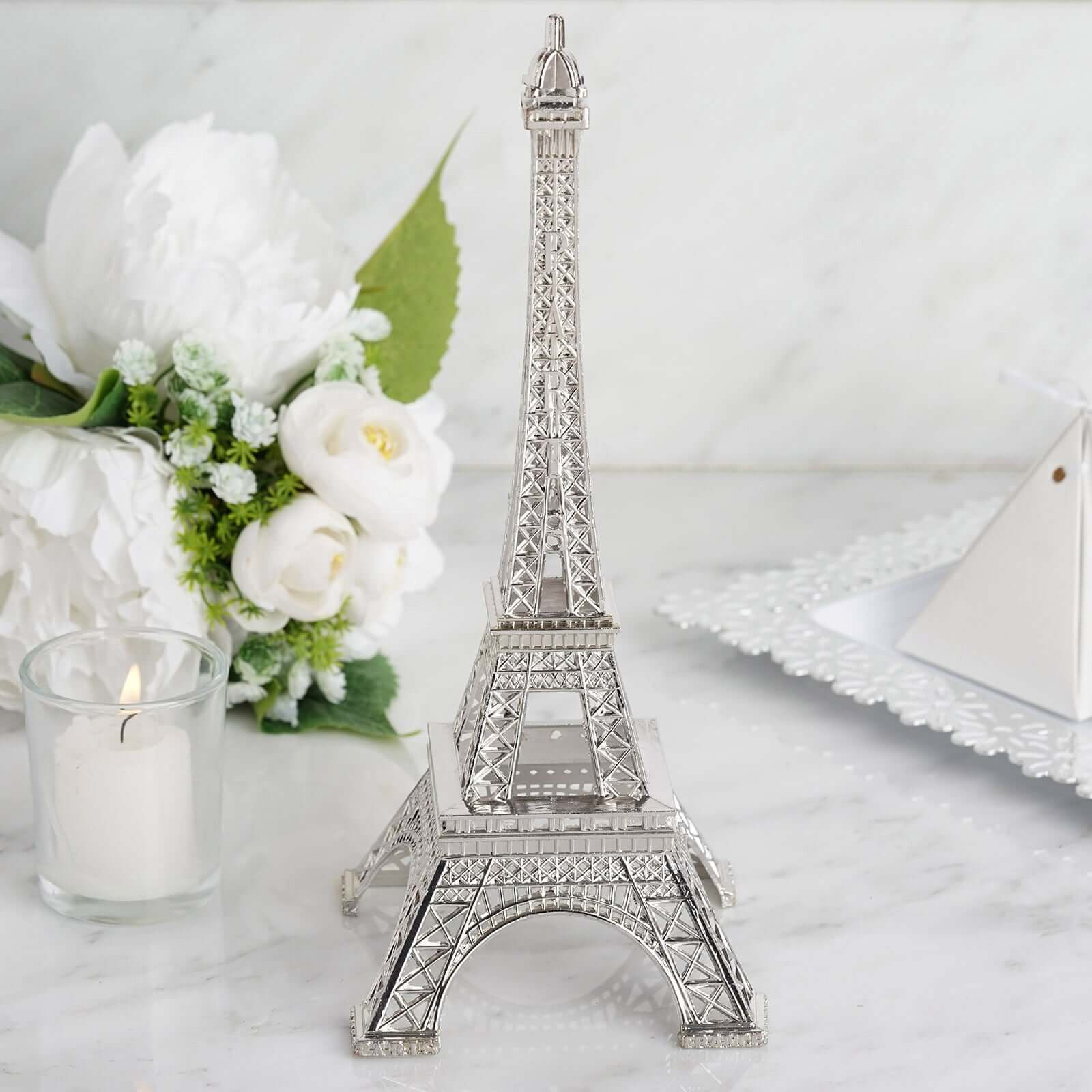 Silver Metal Eiffel Tower Table Centerpiece, Decorative Cake Topper - 10