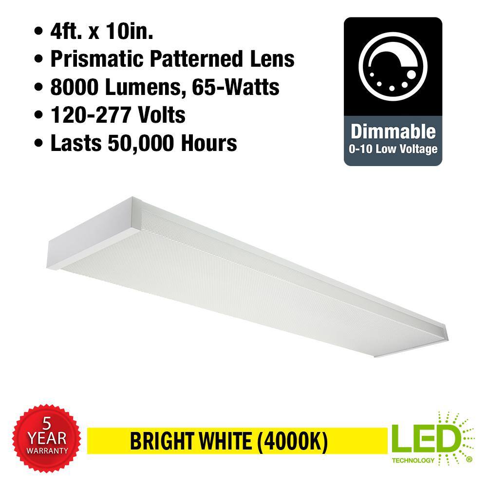 Commercial Electric 4 ft. x 10 in. 8000 Lumens 120-277 Volt LED White Wraparound Light with Prismatic Lens 4000K Bright White 568071410