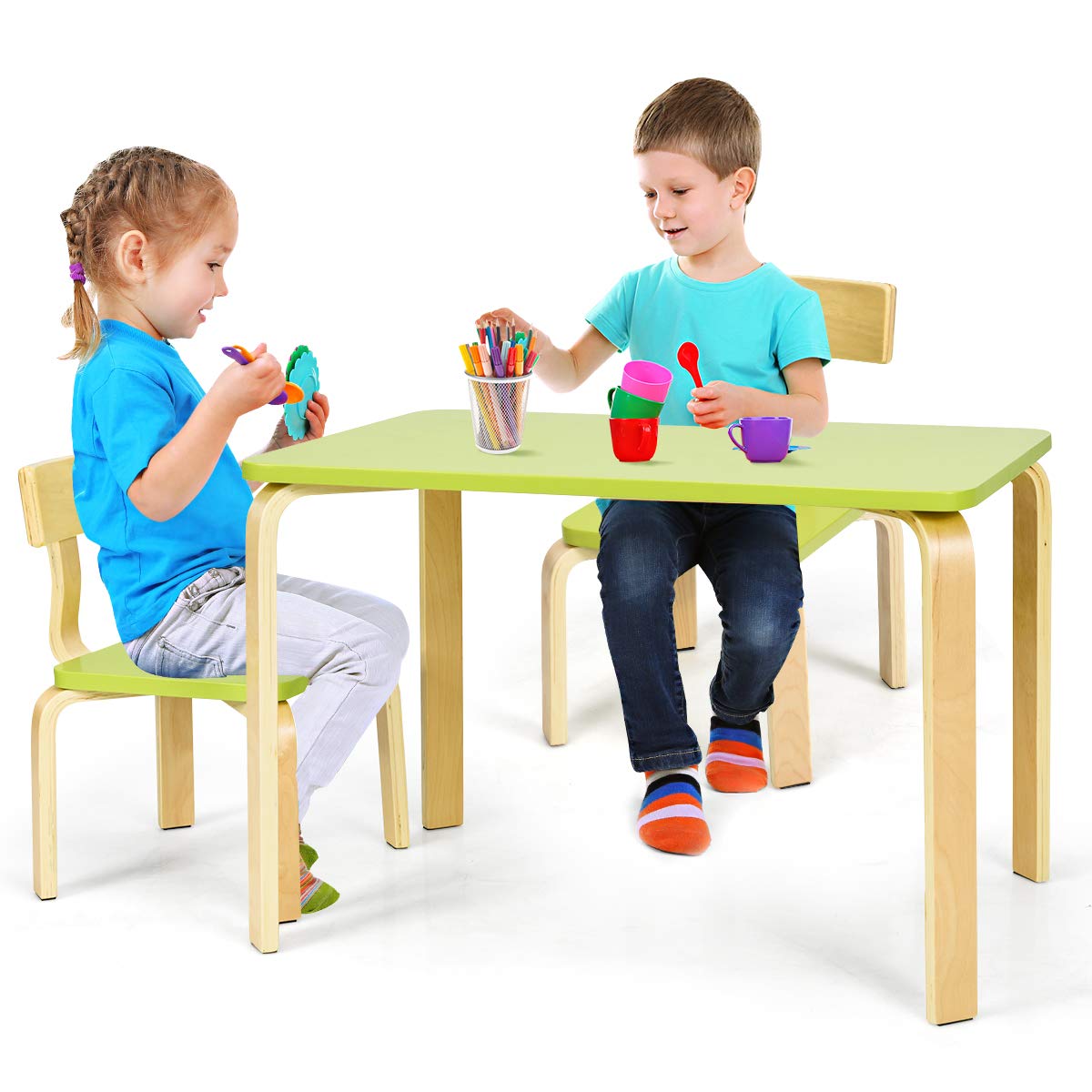 Costzon Kids Table and Chair Set, Wood Table and Chairs for Toddlers Reading, 3 Piece Furniture