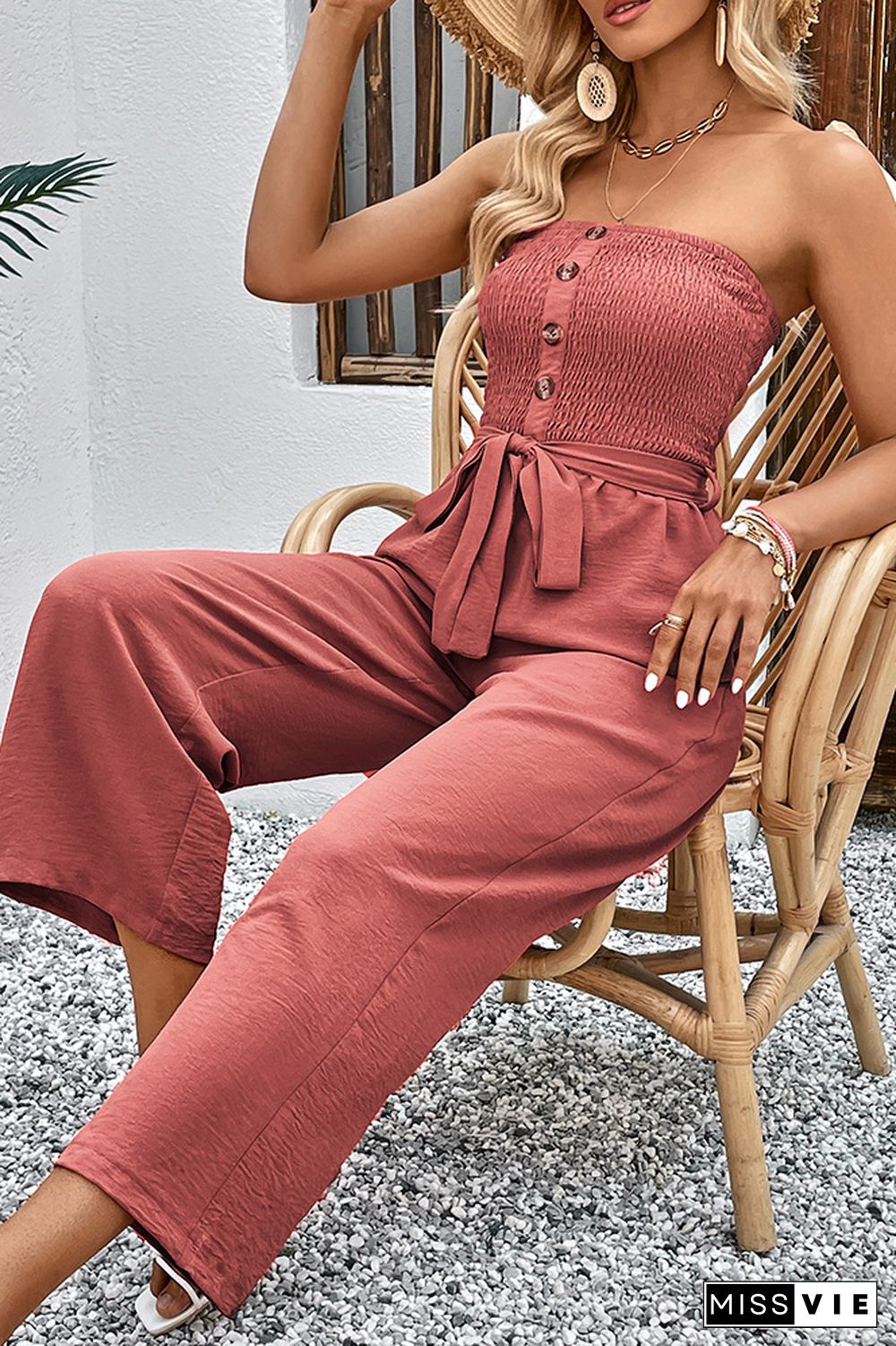 Red Off Shoulder Button Up Jumpsuit with Pockets