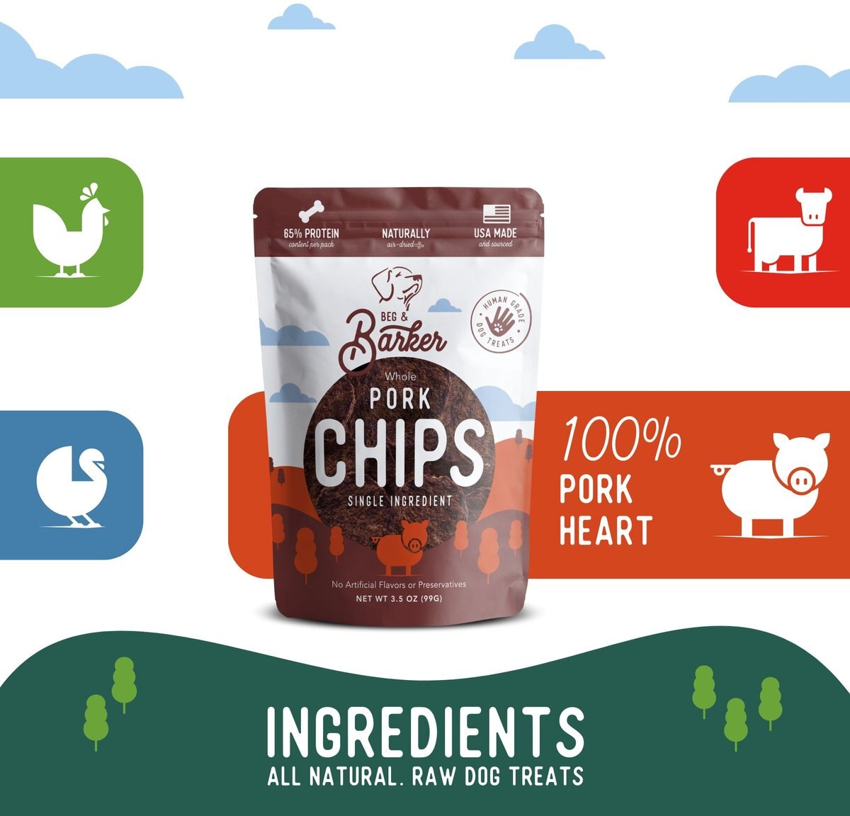 Beg and Barker Whole Pork Chips Natural Single Ingredient Dog Treats， 3.5-oz， case of 4