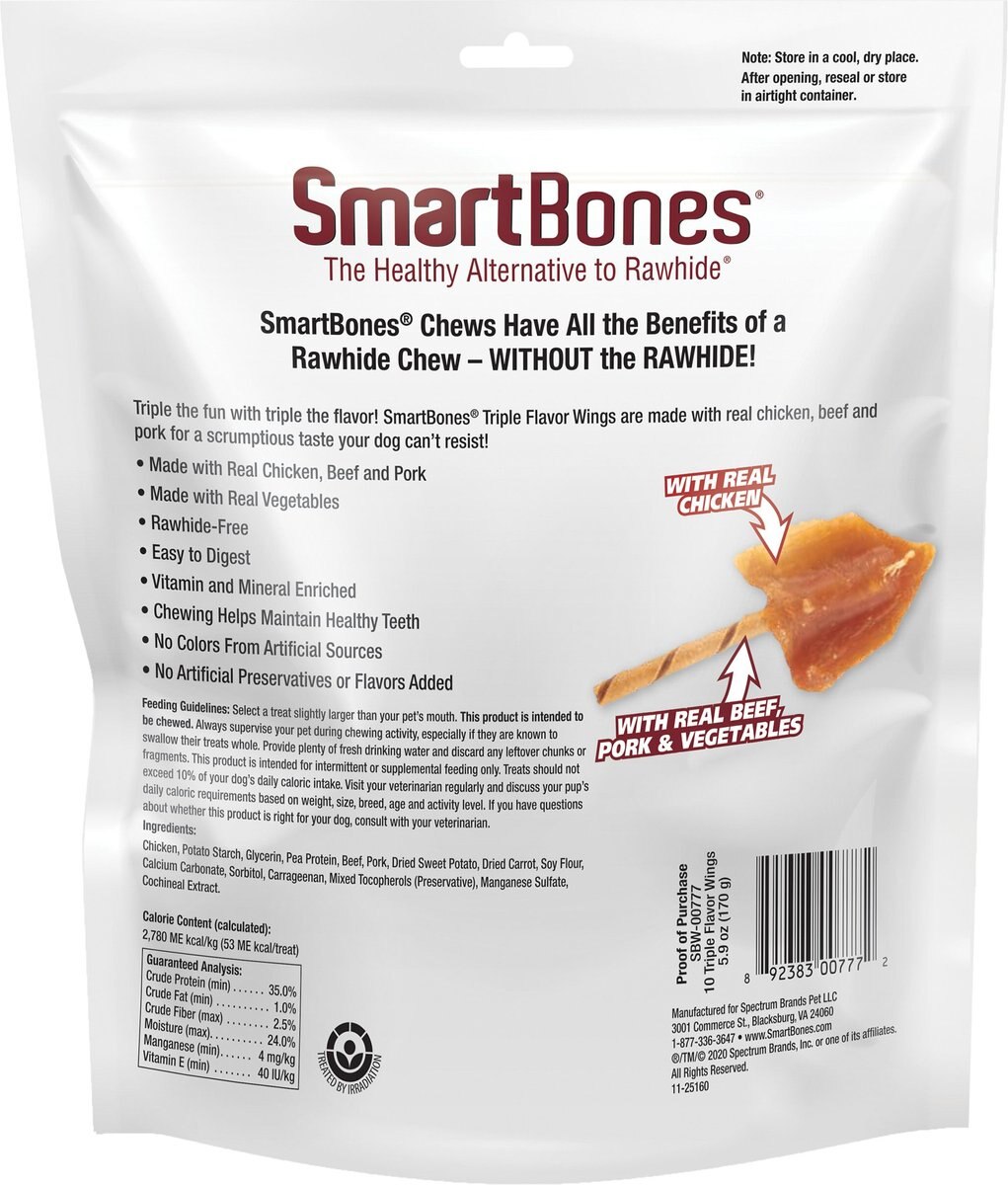 SmartBones Triple Flavor Wings Dog Treats， 10 count