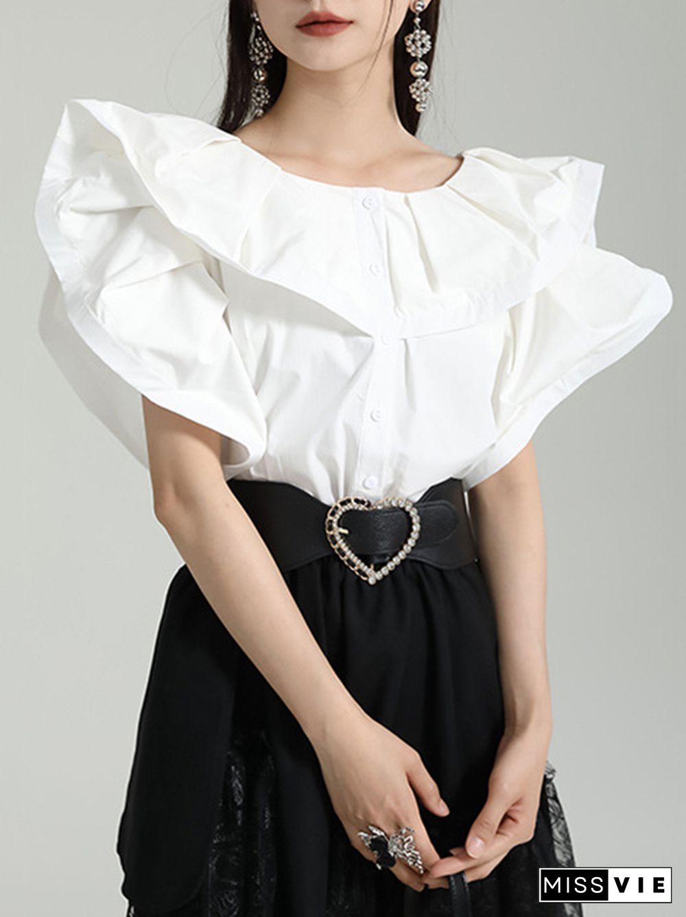 Loose Short Sleeves Falbala Pleated Solid Color Split-Joint Round-Neck Blouses