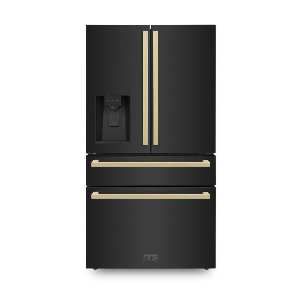 ZLINE Kitchen and Bath Autograph Edition 36 in. 4-Door French Door Refrigerator with Square Champagne Bronze Handles in Black Stainless Steel RFMZ-W36-BS-FCB