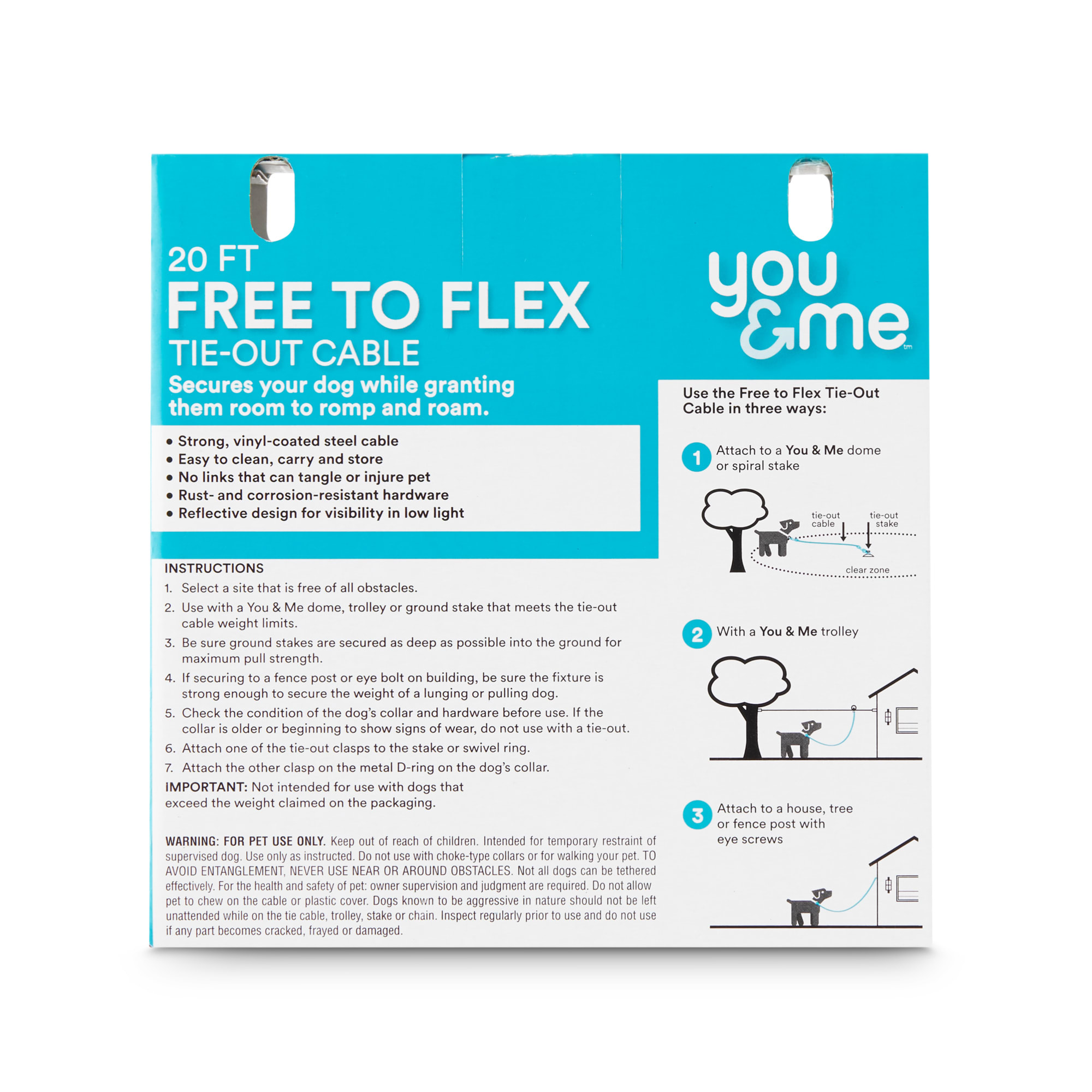 YOU  ME Free-To-Flex Reflective Tie-Out Cable for Dogs Up to 100 lbs.， 30' L， Large