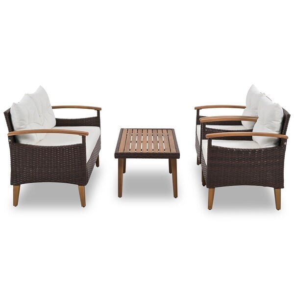 4-Piece Garden Furniture， Patio Conversation Sets， PE Rattan Outdoor Sofa Seating Set with Wood Table and Adjustable Legs Design - Overstock - 37503676