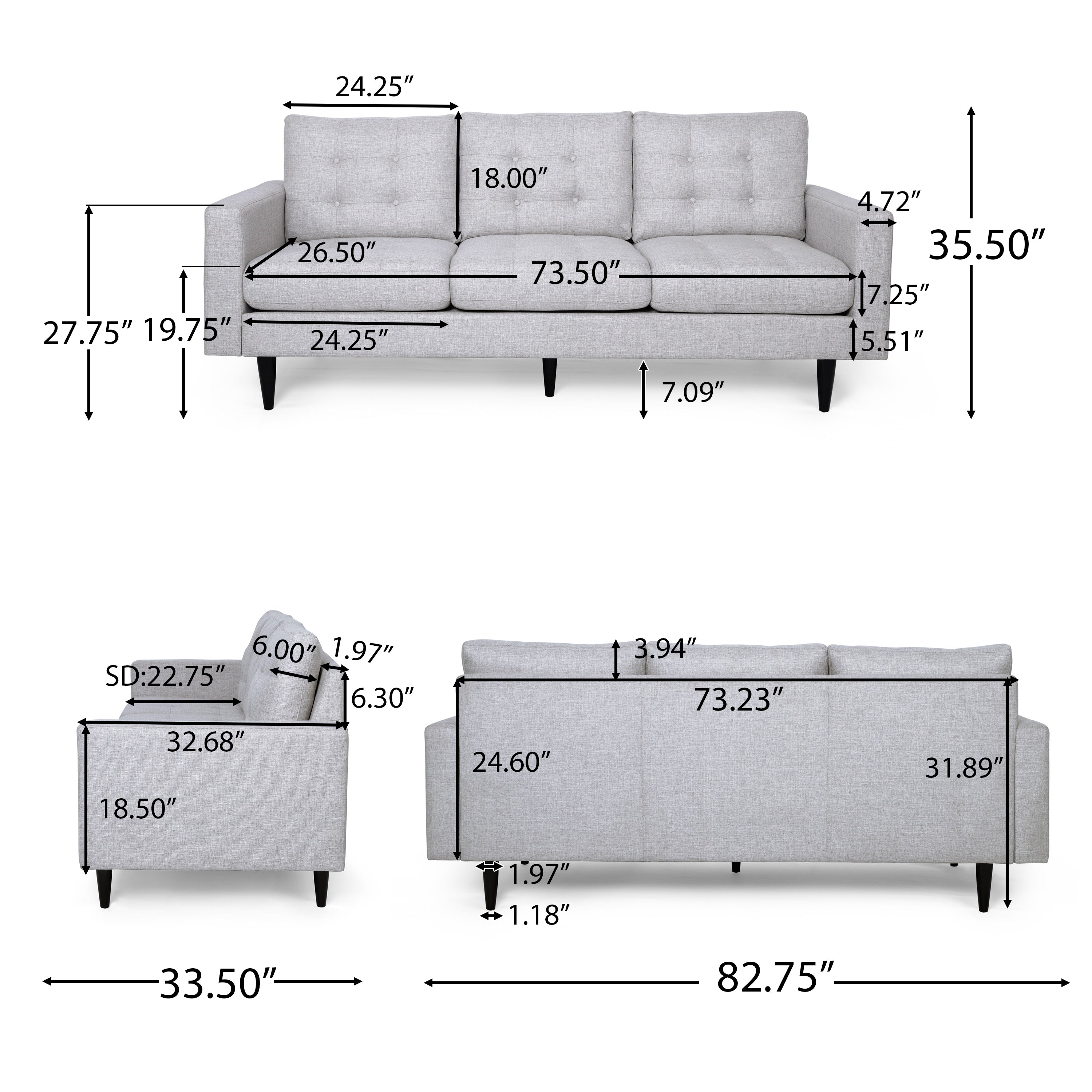 Ayumi Contemporary Tufted Fabric 3 Seater Sofa