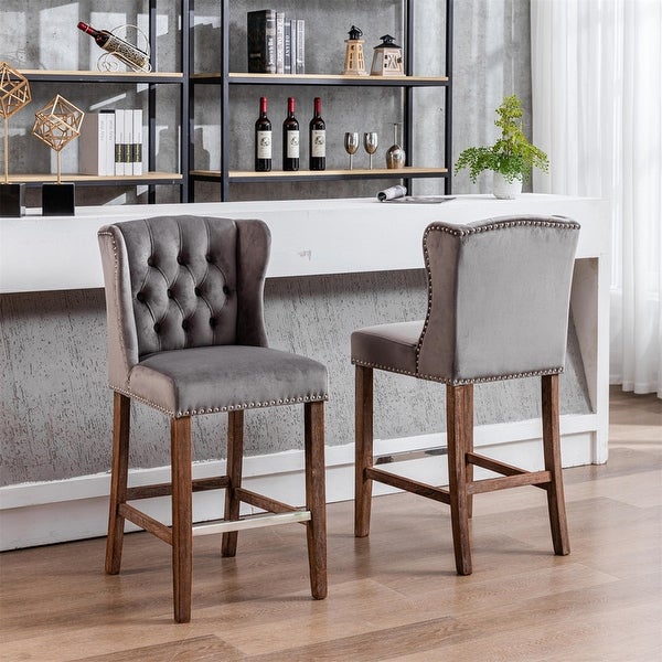 Upholstered 27 Seat Height Barstools with Nailhead-Trim and Tufted Back， Set of 2