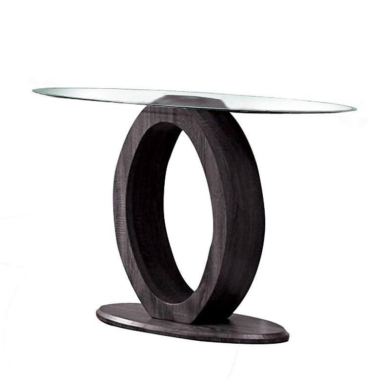 Tempered Glass Top Sofa Table with O Shape Wooden Shape Base， Gray