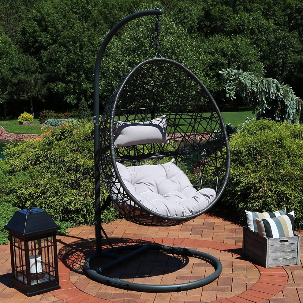 Hanging Porch Swing Chair   Weather Egg Shaped Seat With Cushions   Tropical   Hammocks And Swing Chairs   by Decor Love  Houzz