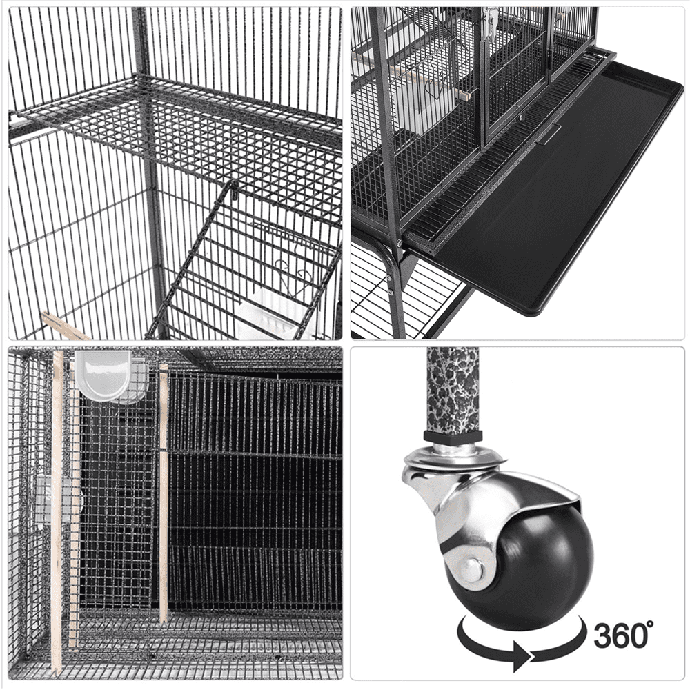 Topeakmart 69''H Extra Large Rolling Metal Parrot Cage Small Animal Cage with Detachable Stand and Ladders， Black